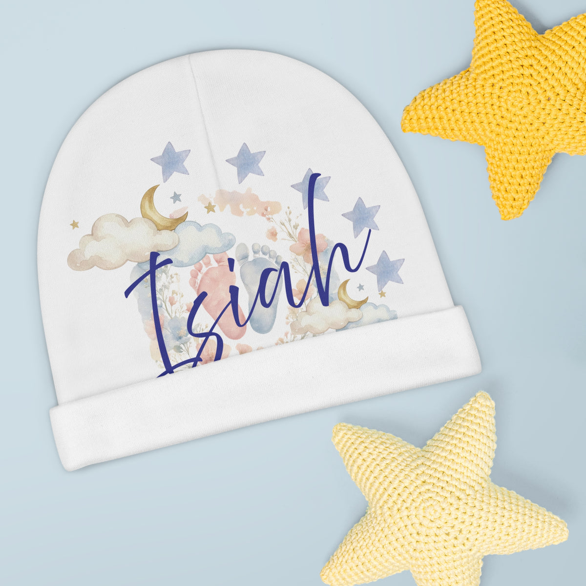 Isaiah Name Moon and Stars Baby Beanie